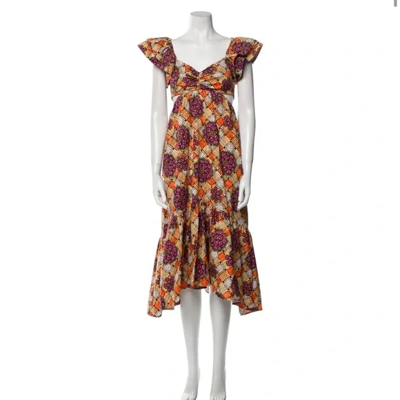 Autumn Adeigbo Chioma Floral Cutout Midi Dress Purple Orange Tiered Ruffle Dress - Picture 13 of 15